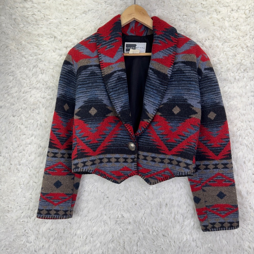 Rhonda Stark Southwestern Wool Blend Jacket Small Red Blue Aztec Western Cropped